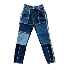 Maniere De Voir Patchwork Denim‎ Jeans Distressed Raw Hem High Waisted  Size 6